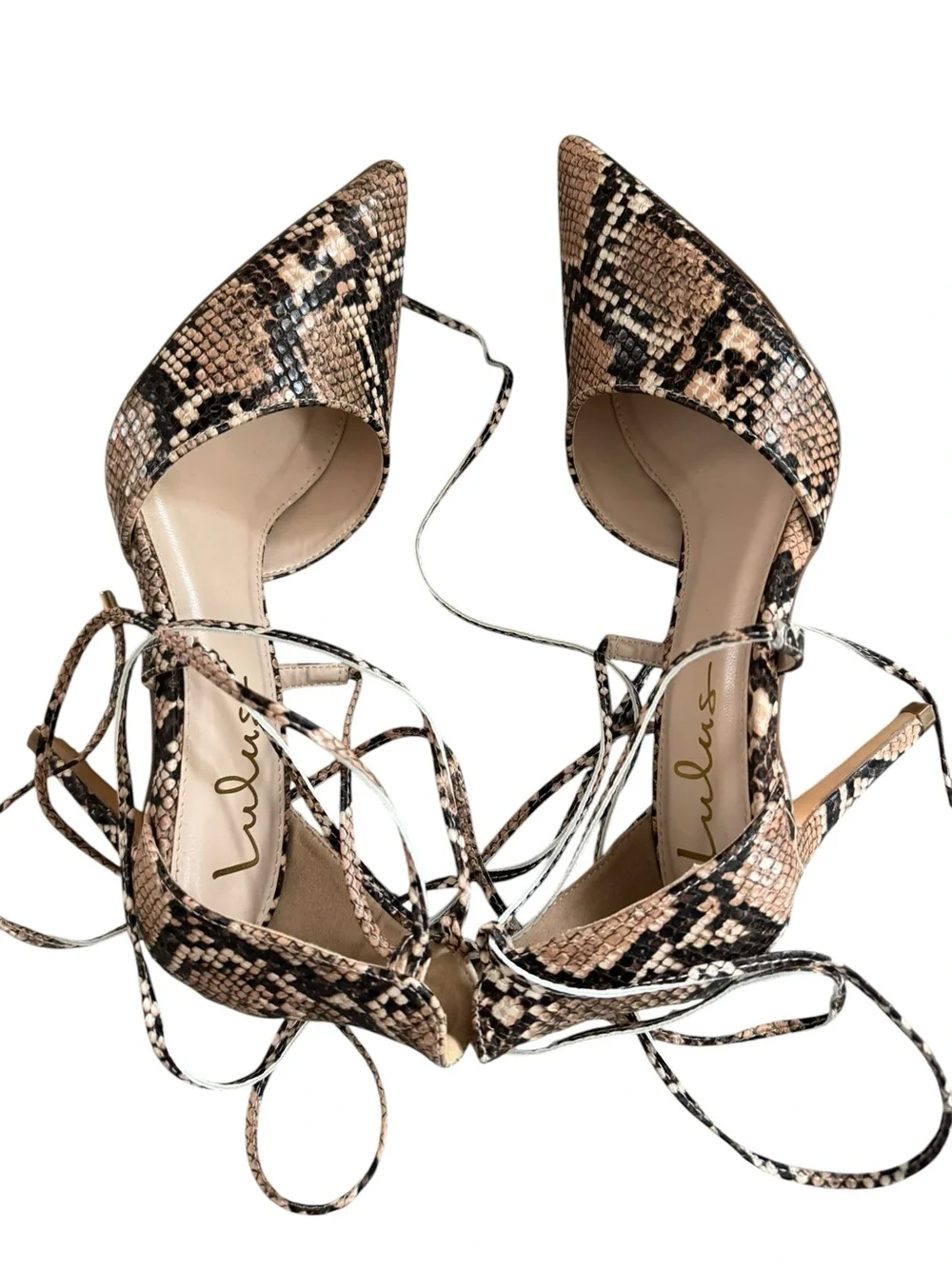 Lulus Marie Tan Snake Print Lace-Up Heels size 7.5